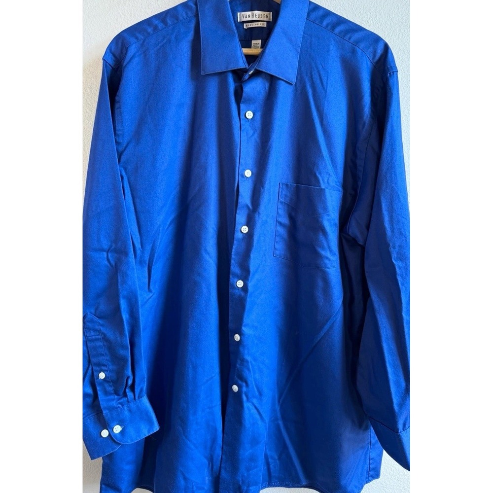 Van Heusen Men's 17 32/33 Blue Solid Regular Fit Wrinkle Resistant Dress Shirt